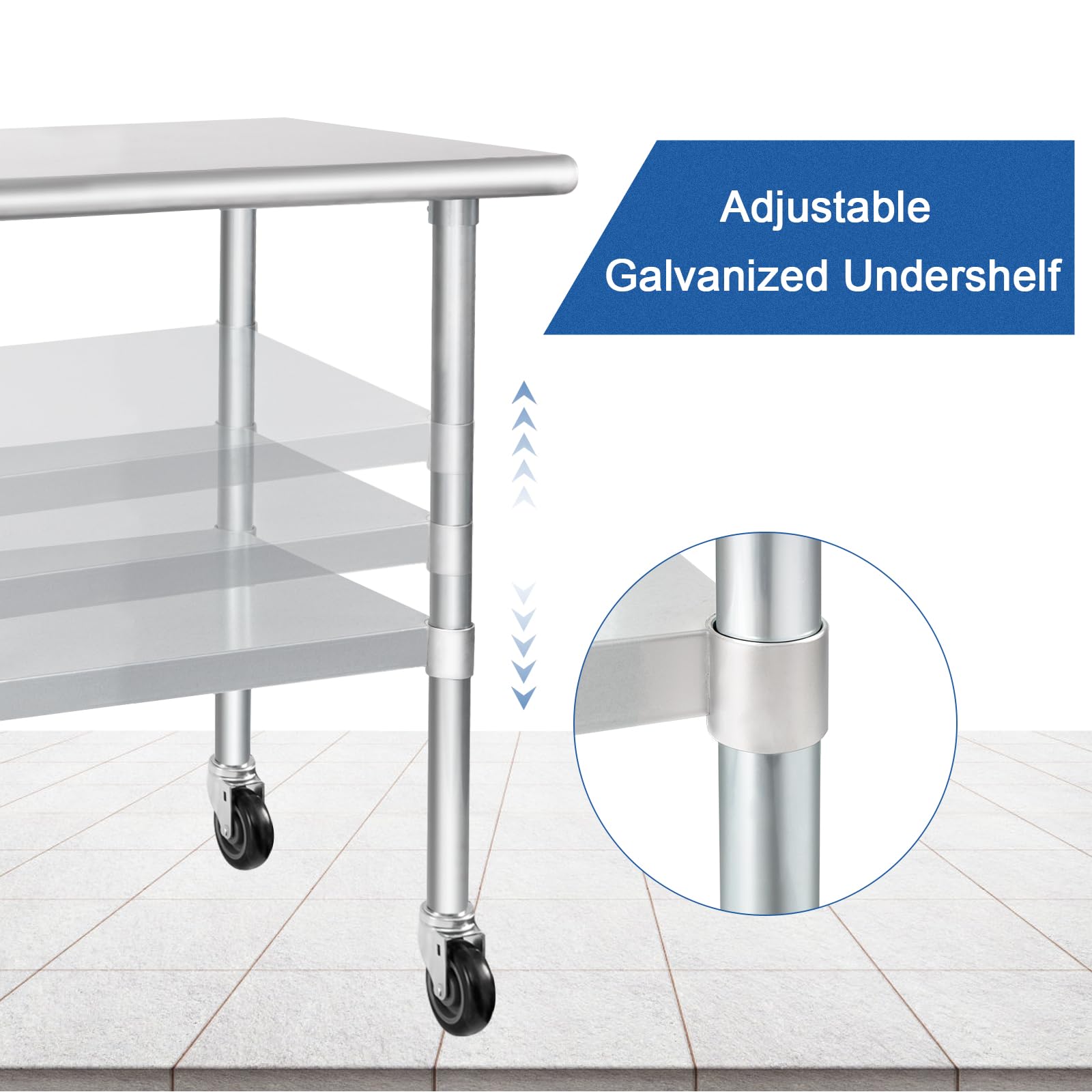 HARDURA Stainless Steel Table with Wheels 24 x 60 Inches Casters NSF Heavy Duty Commercial Work & Prep Table with Undershelf and Galvanized Legs for Restaurant Kitchen Bar and Hotel Garage