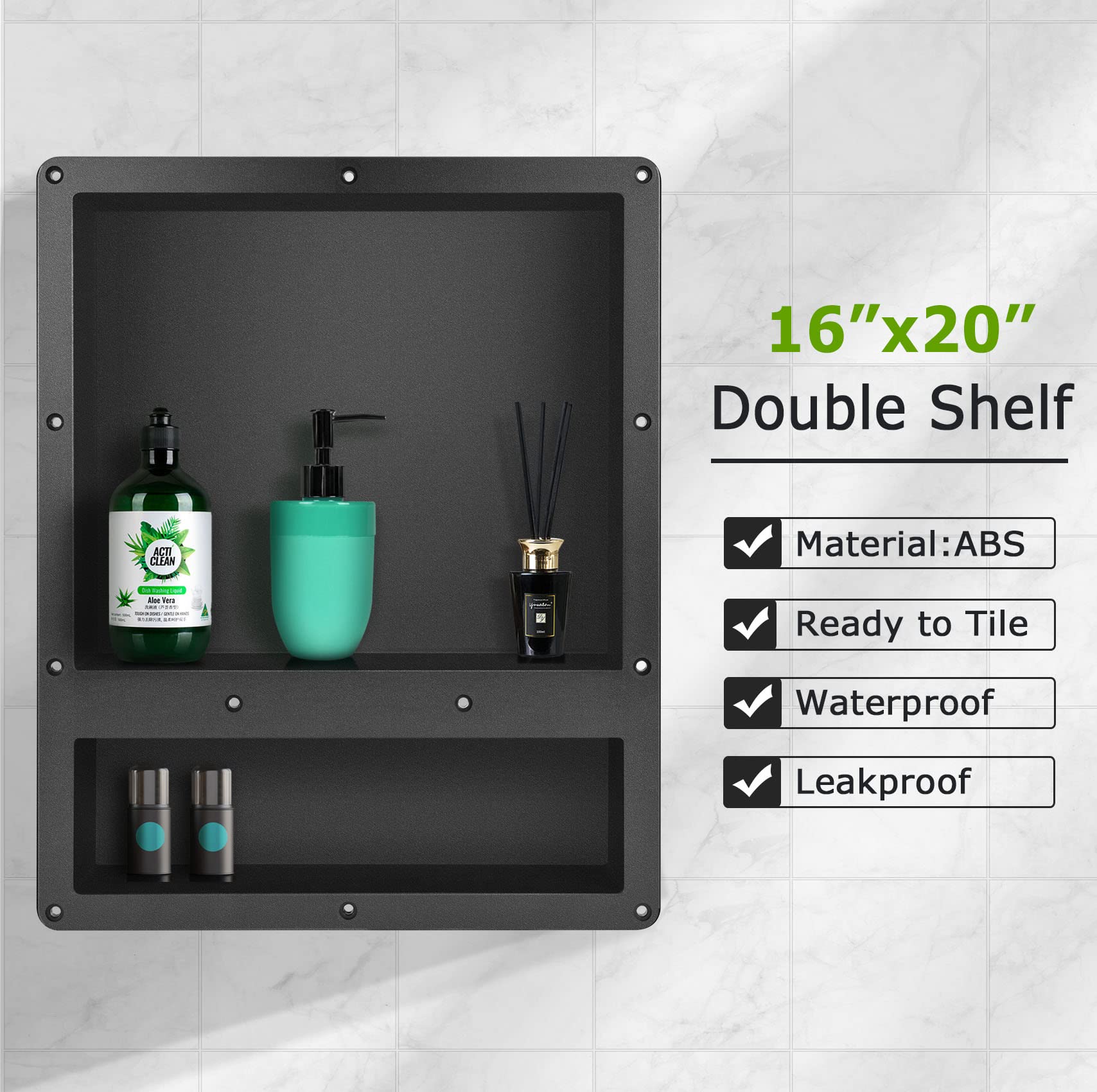 Suteck Shower Niche Double Shelf, 16-Inch Width x 20-Inch Height x 4-Inch Depth, Recessed Shower Niche Ready for Tile (Inner Size: Length 12"+4", Width 14") Niche for Shower Bathroom Storage