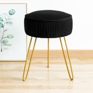 lue bona pleated vanity stool, velvet upholstered vanity stool for makeup room, round mondern stool for vanity, ottoman footrest stool with metal legs for living room, bedroom, black