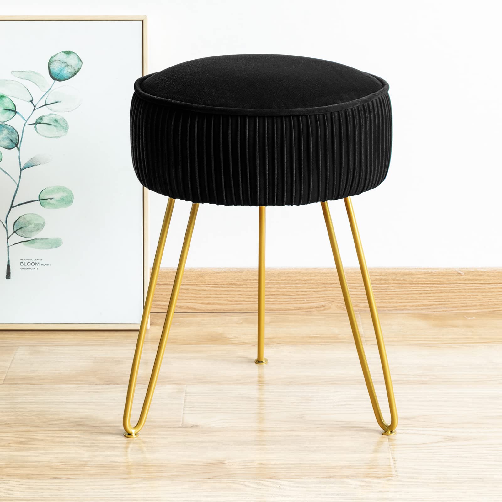 LUE BONA Pleated Vanity Stool, Velvet Upholstered Vanity Stool for Makeup Room, Round Mondern Stool for Vanity, Ottoman Footrest Stool with Metal Legs for Living Room, Bedroom, Black