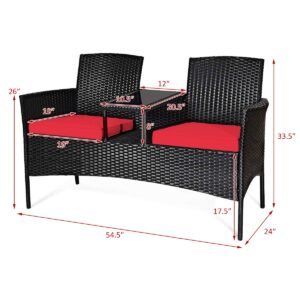 Toolsempire Outdoor Love Seat Wicker Patio Conversation Set, Rattan Outdoor Furniture Set with Cushion & Built-in Coffee Table, Patio Couch Outdoor Bench for Garden, Lawn, Backyard(Red)