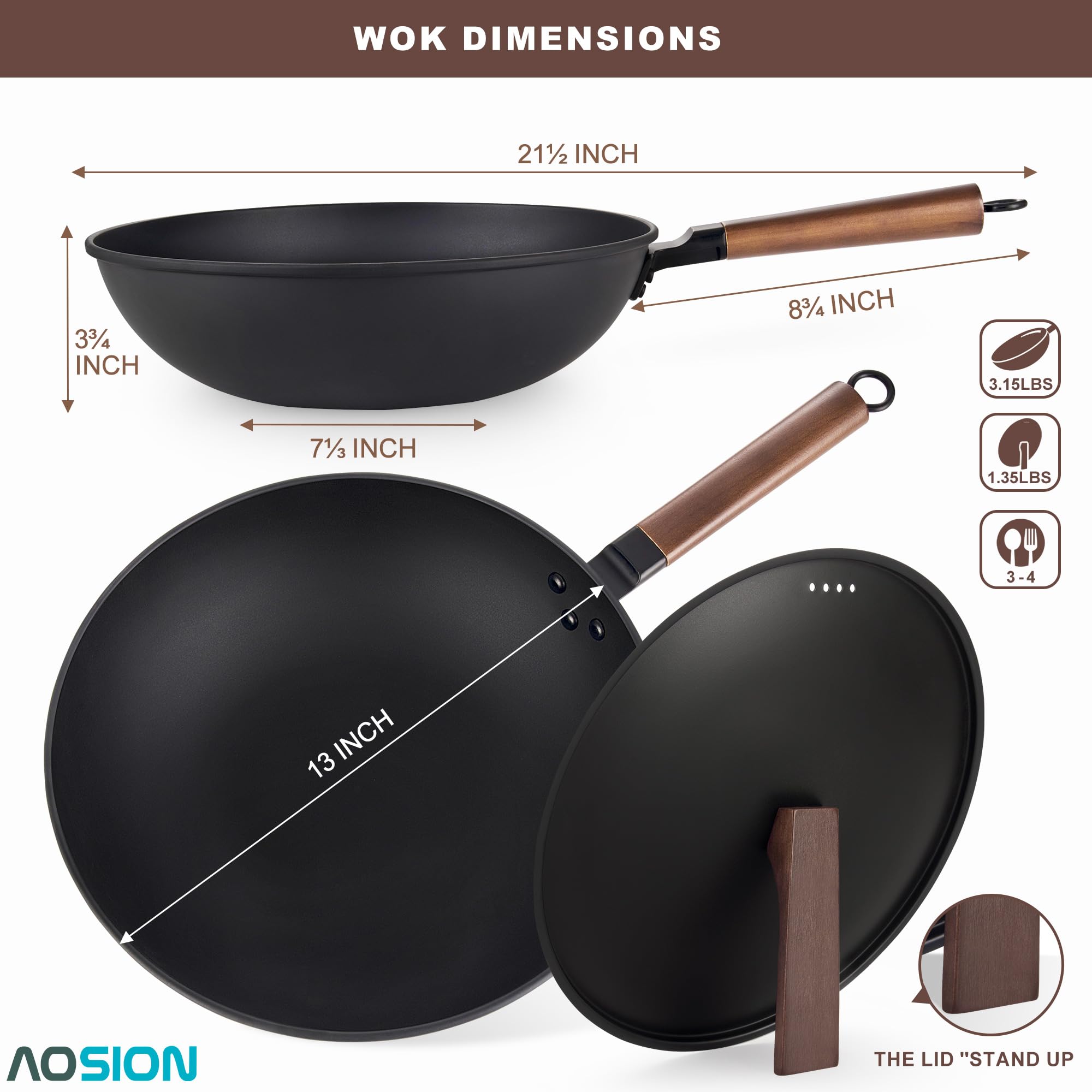 AOSION 13'' Carbon Steel Wok, 12 Piece Wok Pan & Stir-Fry Pans Set with Lid & Cookwares, No Chemical Coated Flat Bottom Chinese Wok Pan for Induction, Electric, Gas, Halogen, All Stoves