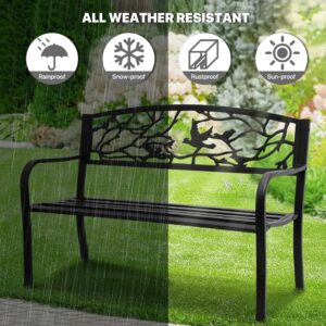 MoNiBloom Outdoor Bench Garden Patio Porch Furniture Aluminum Lightweight Sturdy 50 inch Bench with Aluminum Steel Metal Frame Birds and Branches Design for Lawn Yard, 800 lbs Load Capacity, Balck