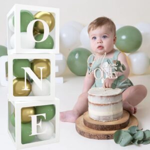 ONE Boxes for 1st Birthday Boy Decorations,30PCS Green Gold White Balloons and ONE Letters for First Birthday Decorations One Blocks for Boy Girl Baby Shower,Photo Shoot Prop,Table Centerpiece