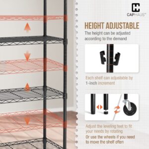 Fencer Wire NSF Commercial Heavy Duty 4 Tier Wire Shelving w/Two Trapezoid Basket, Wheel, Leveling Feet, Storage Metal Shelf, Utility Wire Rack Storage Shelving, Basement Garage Shelving, Black