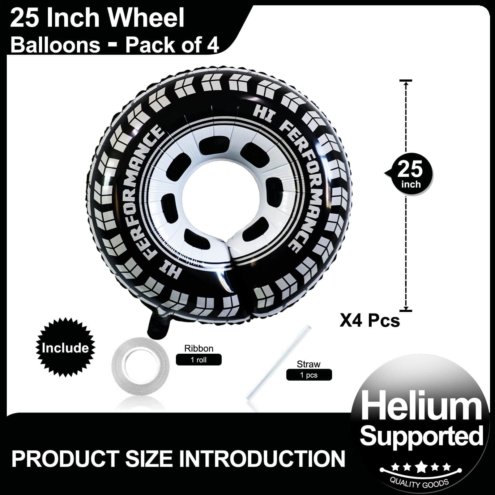 4 Pack Wheel Balloons 25 Inch Racing Car Tire Balloons Helium Foil Mylar Black and White Racing Balloons for Black&White Themed Birthday Baby Shower Ceremonies Parties Decorations Supplies