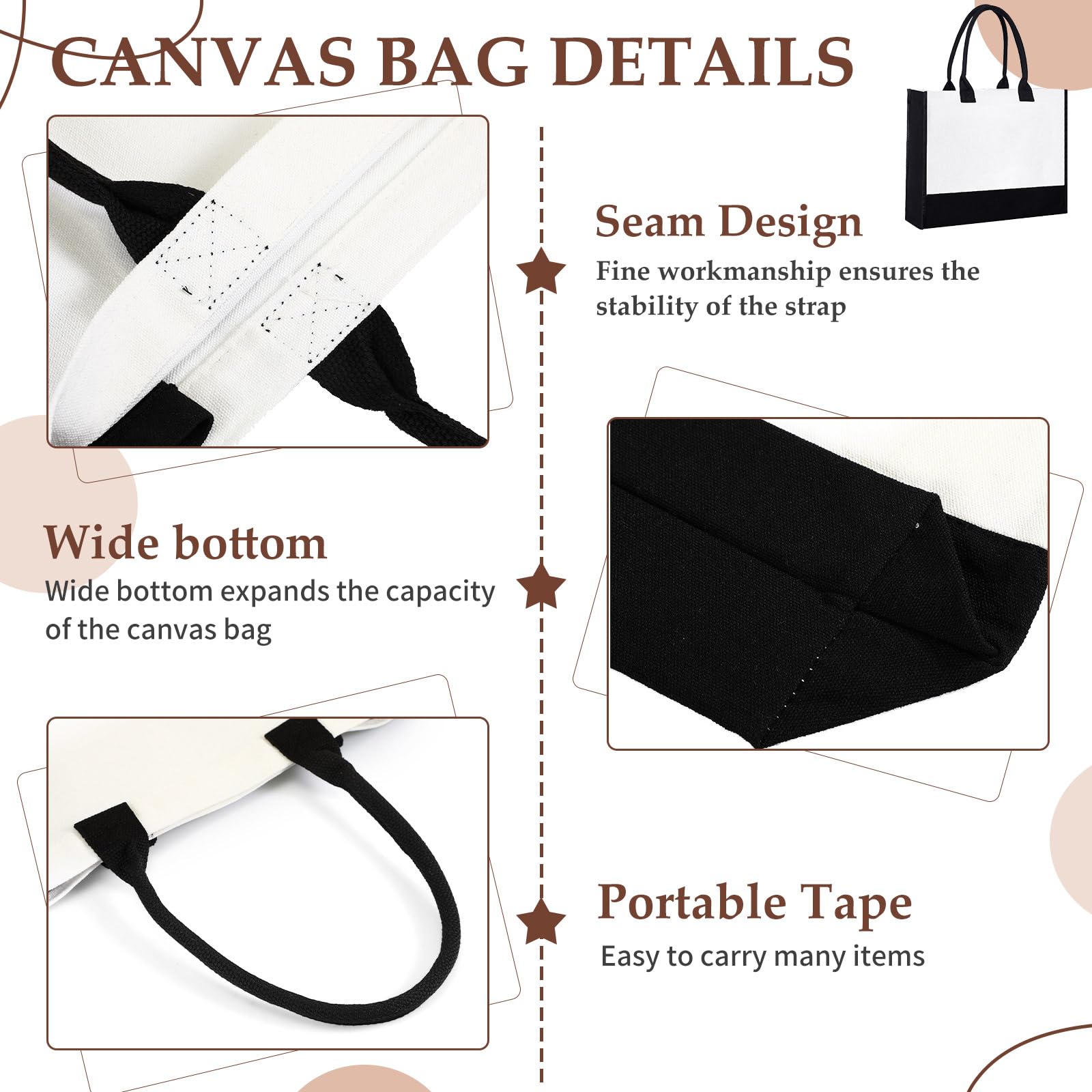 Sanwuta 20 Pcs Large Blank Canvas Tote Bags and Makeup Bags Blank Reusable Grocery Bags Canvas Bags with Handles(Black and White)