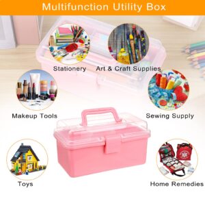 BTSKY Small Plastic Storage Box with Lid 7.9"x3.7"x4.1" Art Supply Storage Organizer with Handled Removable Tray Multi-use Small Storage Container Portable Sewing Box for Art & Sewing Supplies, Pink