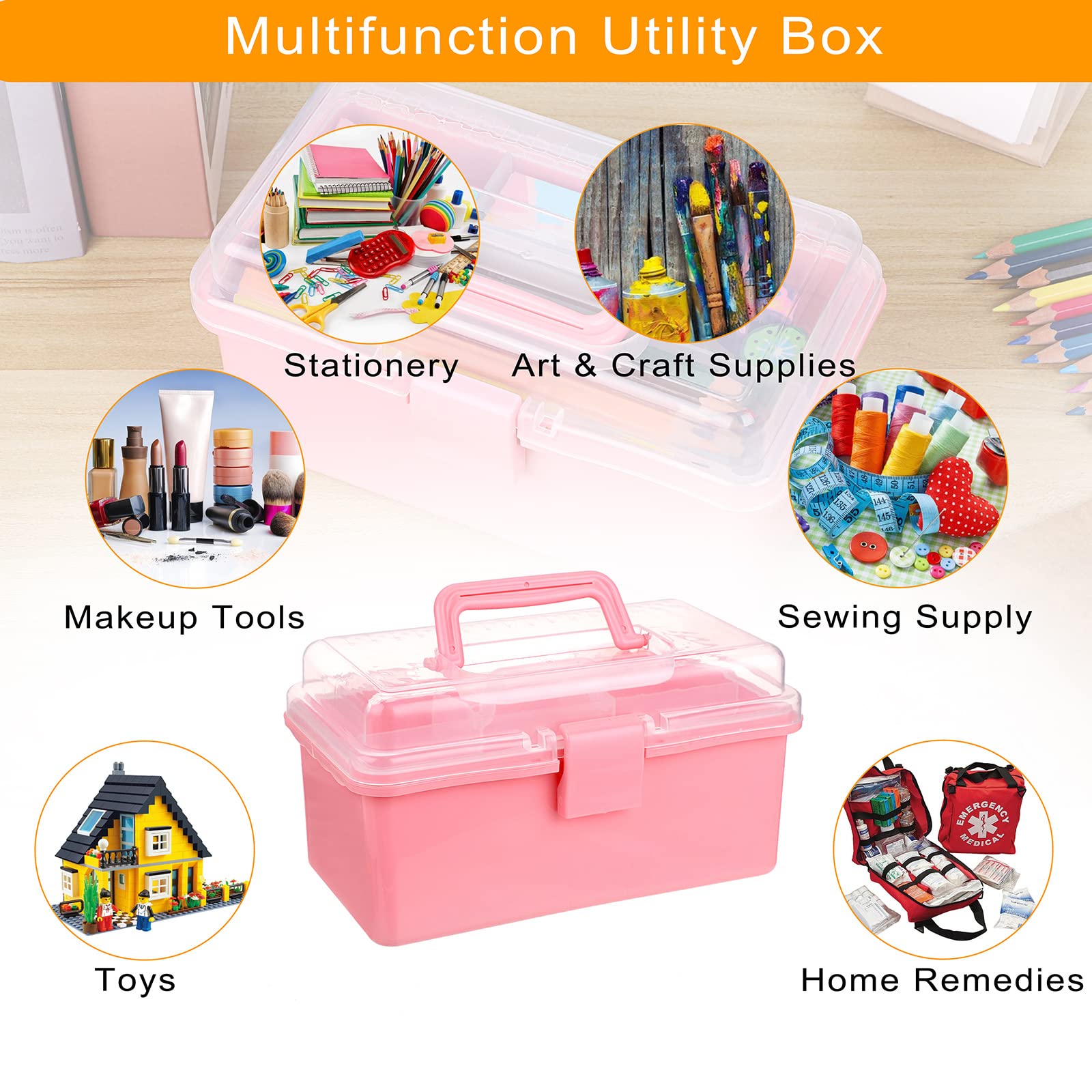 BTSKY Small Plastic Storage Box with Lid 7.9"x3.7"x4.1" Art Supply Storage Organizer with Handled Removable Tray Multi-use Small Storage Container Portable Sewing Box for Art & Sewing Supplies, Pink