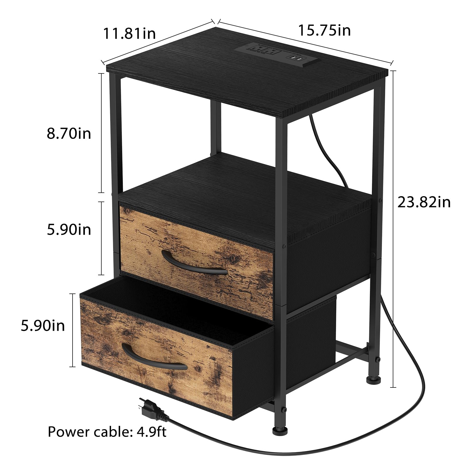 YBING Nightstand with Charging Station White Night Stand End Table with Fabric Drawers Side Table with Storage for Bedroom Living Room