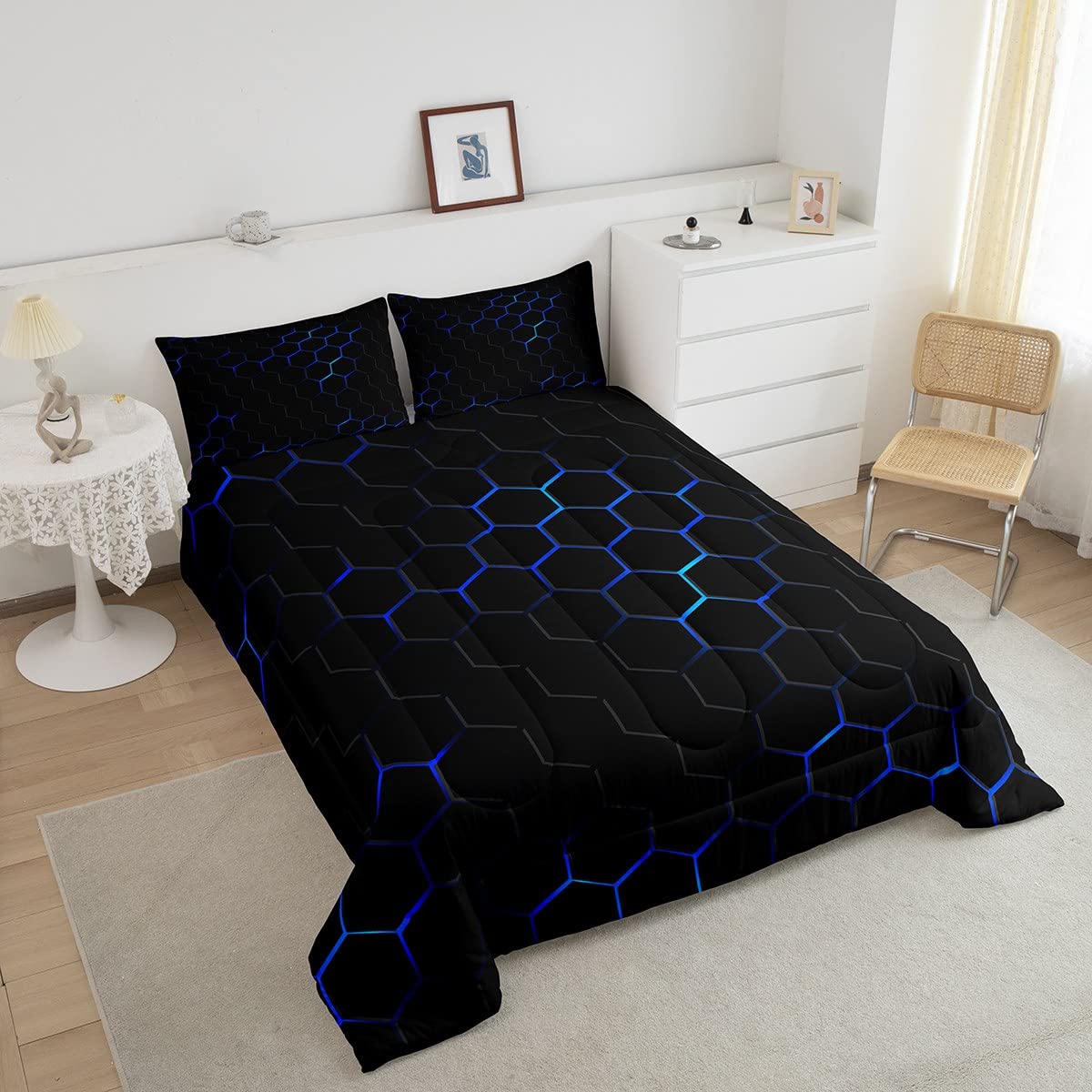 Feelyou Honeycomb Comforter Set for Kids Boys Girls Geometric Pattern Comforter Abstract Art Bedding Set Blue with 2 Pillowcases Queen Size