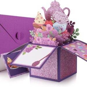 Giiffu Mothers Day Card, Tea Theme, Tea Time 3D Pop Up Card, 3D Flower Pop Up Greeting Card with Note Card and Envelopes, for Mothers Day, Birthday, Tea Party (Purple)