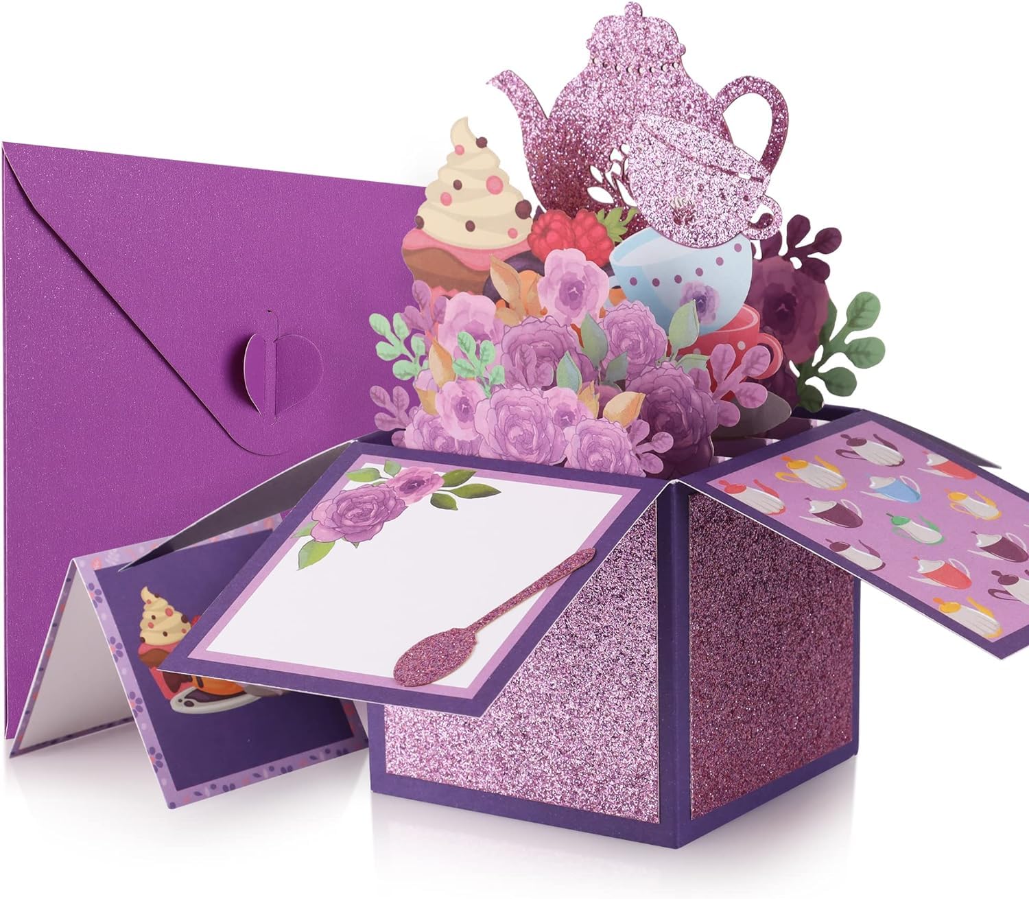 Giiffu Mothers Day Card, Tea Theme, Tea Time 3D Pop Up Card, 3D Flower Pop Up Greeting Card with Note Card and Envelopes, for Mothers Day, Birthday, Tea Party (Purple)