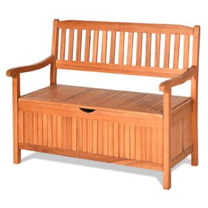 Safstar Outdoor Patio Bench with Storage Box, 33 Gallon Capacity, Wooden Frame, Eucalyptus Material, Natural Color, 42 x 23 x 35.5 Inches