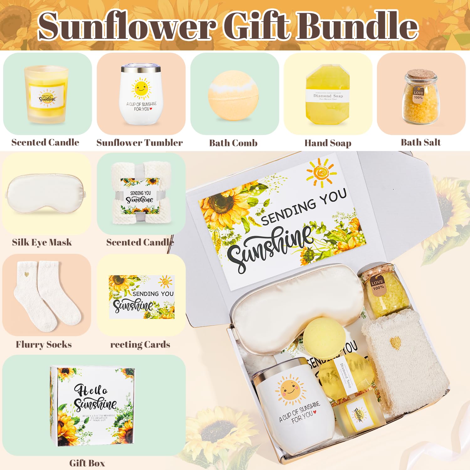 Get Well Soon Gifts for Women, Sunflower Gifts Care Pacakge with Sunshine Tumbler and Luxury Blanket Thinking of You Relaxing Spa Gifts for Mom Sister Grandma