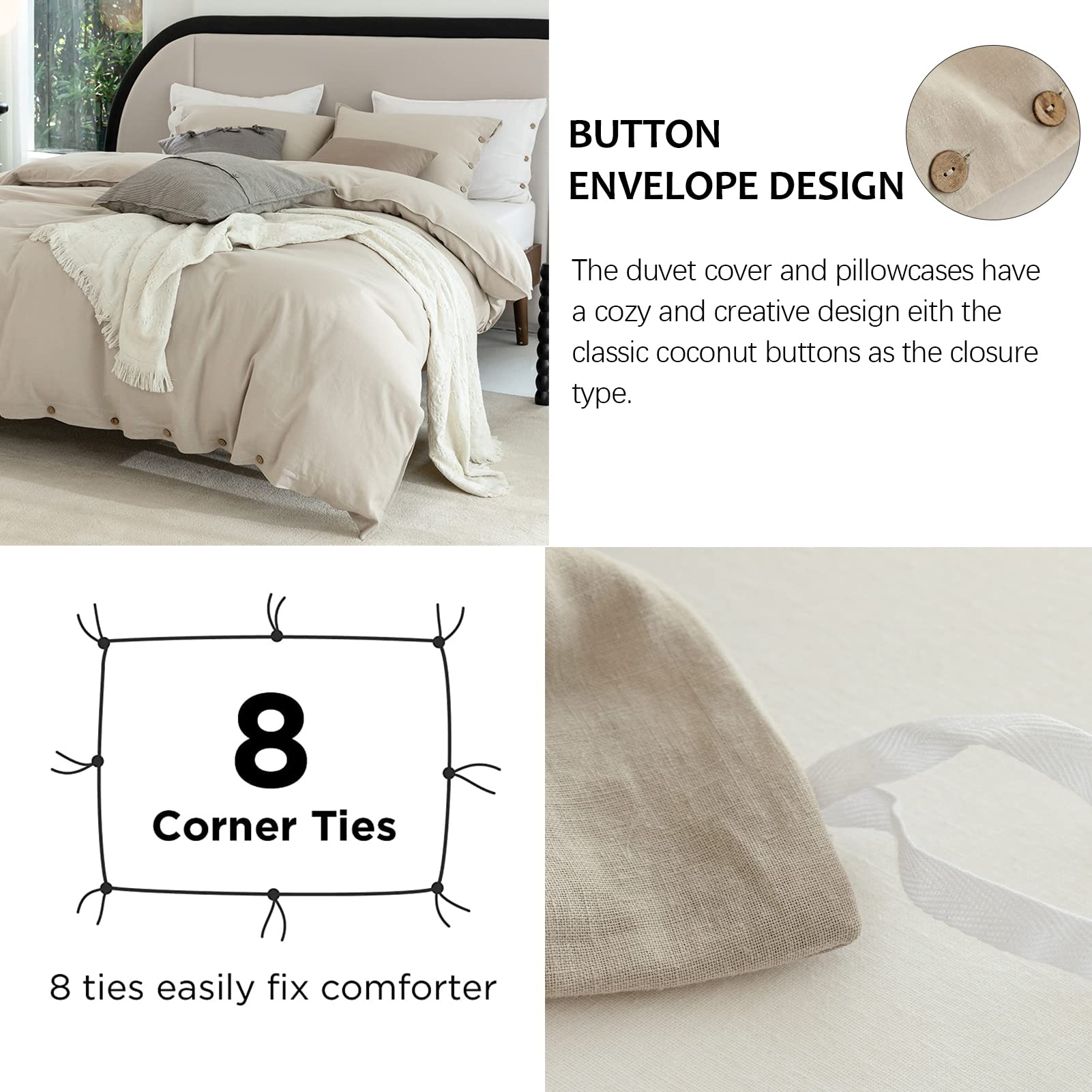 Talasily Linen Duvet Cover King Size - Soft Breathable Duvet Cover Set with Buttons Closure, 3 Pieces, 1 Duvet Cover 104x90 Inches and 2 Pillowcase Linen Cotton Blend Duvet Cover (King,Beige)