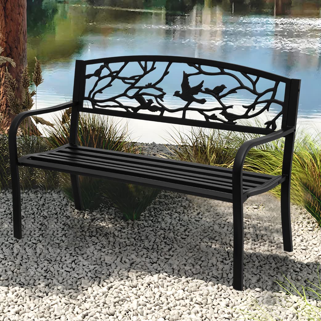 MoNiBloom Outdoor Bench Garden Patio Porch Furniture Aluminum Lightweight Sturdy 50 inch Bench with Aluminum Steel Metal Frame Birds and Branches Design for Lawn Yard, 800 lbs Load Capacity, Balck