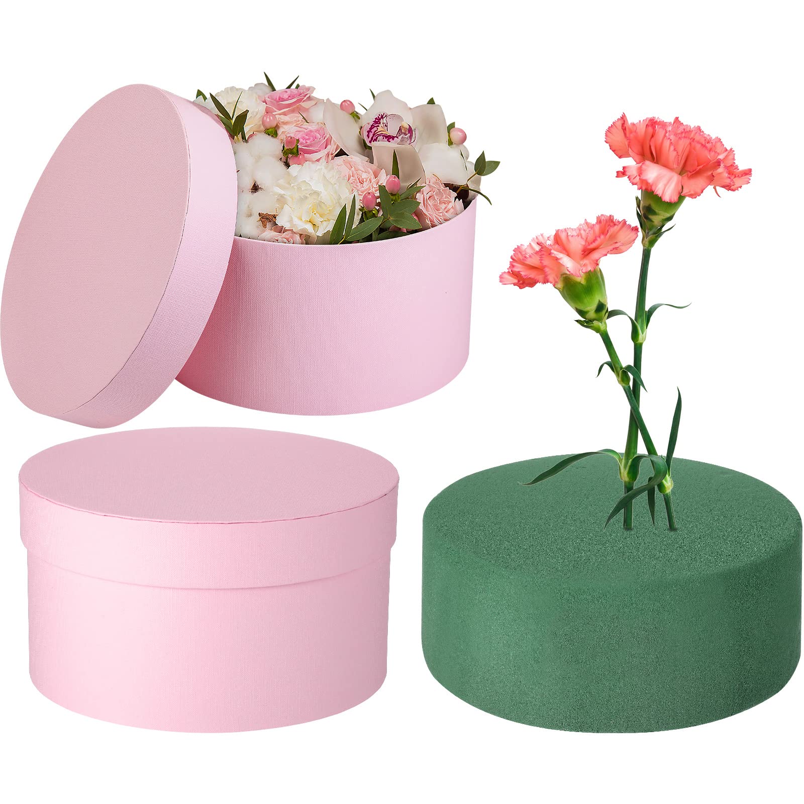 Nuenen Gift Boxes with Lids Floral Foam Set Round Boxes Flower Arrangements Supplies Round Floral Foam Round Boxes for Flowers for Mother's Day Bridesmaid Wedding(Pink)