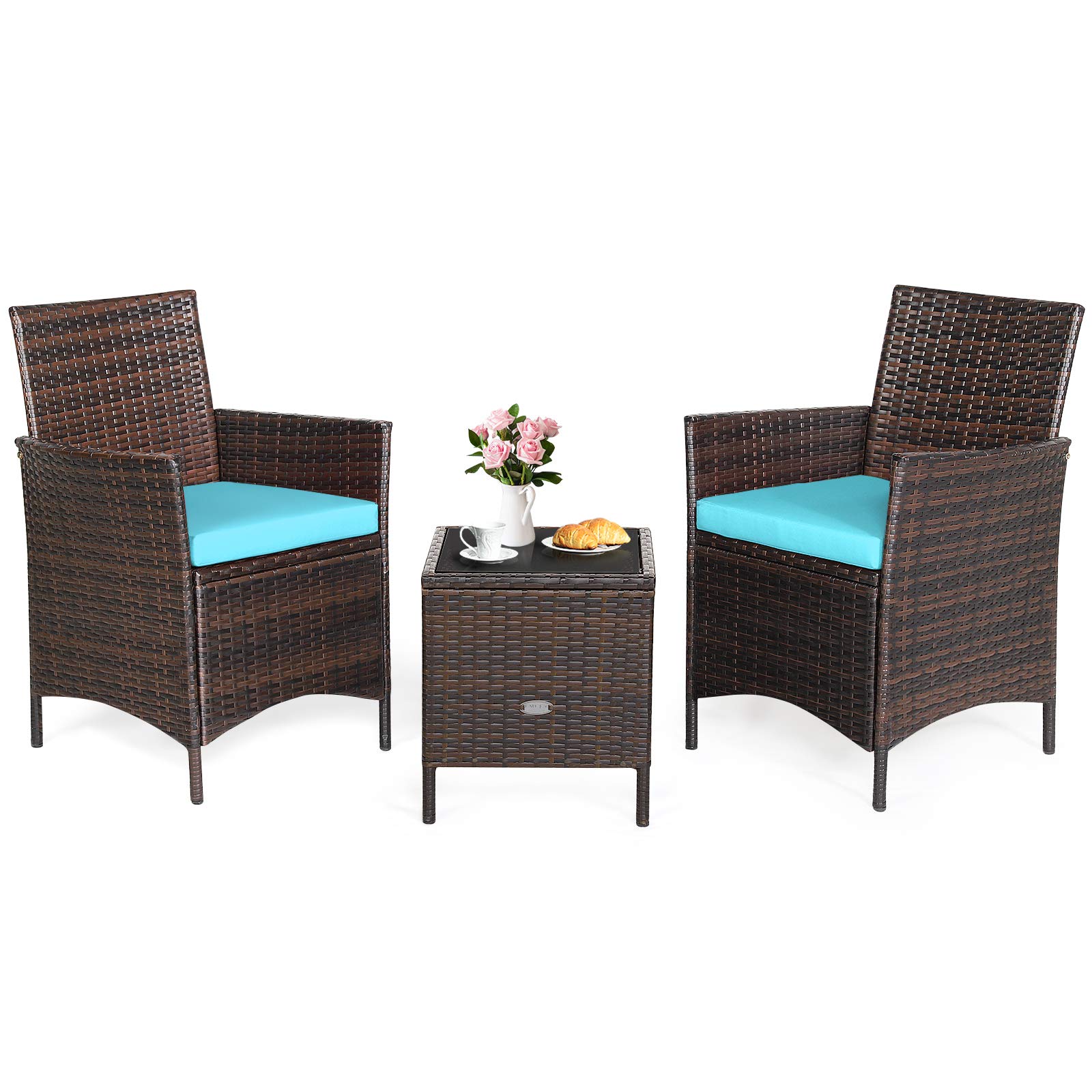 Toolsempire 3 Pieces Patio Furniture Set, Wicker Outdoor Furniture with Water-Resistant Cushion & Tempered Glass Top Table, Conversation Set Bistro Set for Porch, Balcony, Backyard (Turquoise)