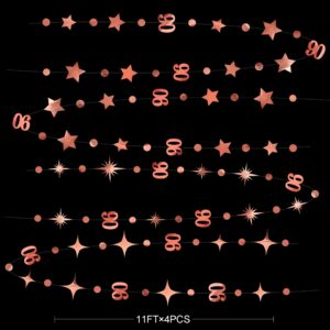 Rose Gold 90th Birthday Decorations Number 90 Circle Dot Twinkle Star Garland Metallic Hanging Streamer Bunting Banner Backdrop for Women Mens 90 Year Old Birthday Ninety Anniversary Party Supplies