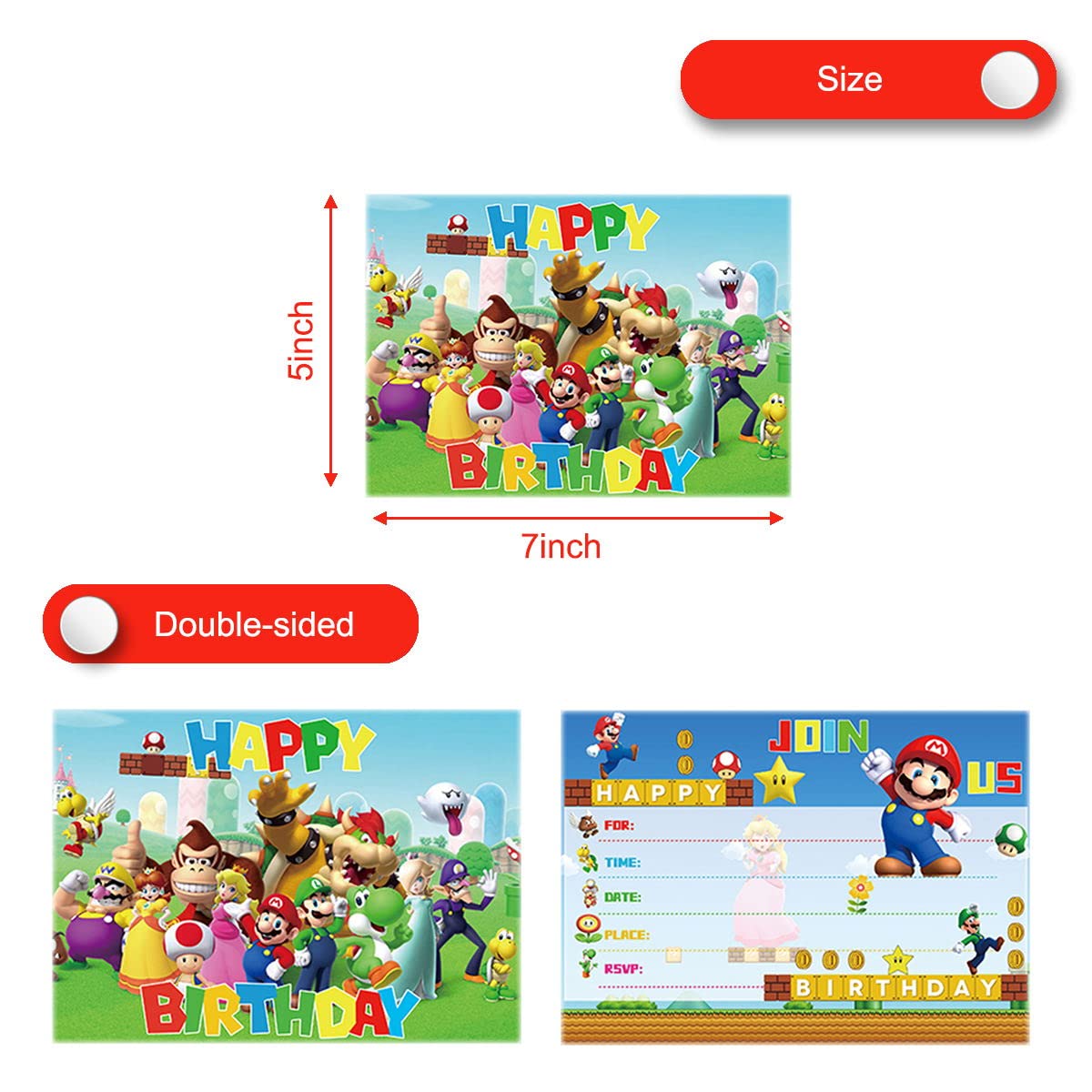 NF 24PCS Mario Birthday Party Invitations card, Video game party supplies，Super Bro Party Supplies for Kids