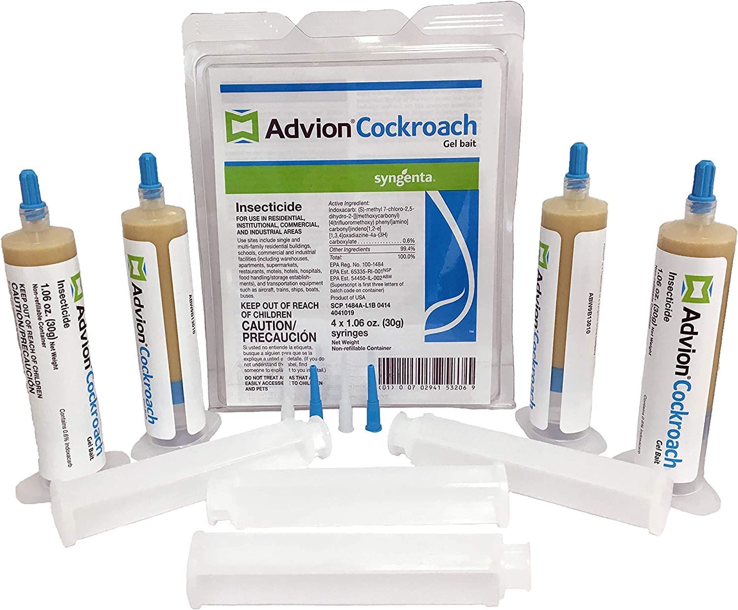 Advion Cockroach Gel Bait, 4 Tubes x 30-Grams, 4 Plungers and 4 Tips, German Roach Insect Pest Control, Indoor and Outdoor Use, Roach Killer Gel for American, German and Other Major Cockroach Species