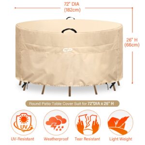 CAMPROS CP Round Patio Furniture Covers 72"Dia,Outdoor Table Covers for Round Table Chair Set/Fire Pit/Hot Tubs,Heavy Duty-Weatherproof/UV-Resistant Patio Cover-72”DIA*26”H-Beige