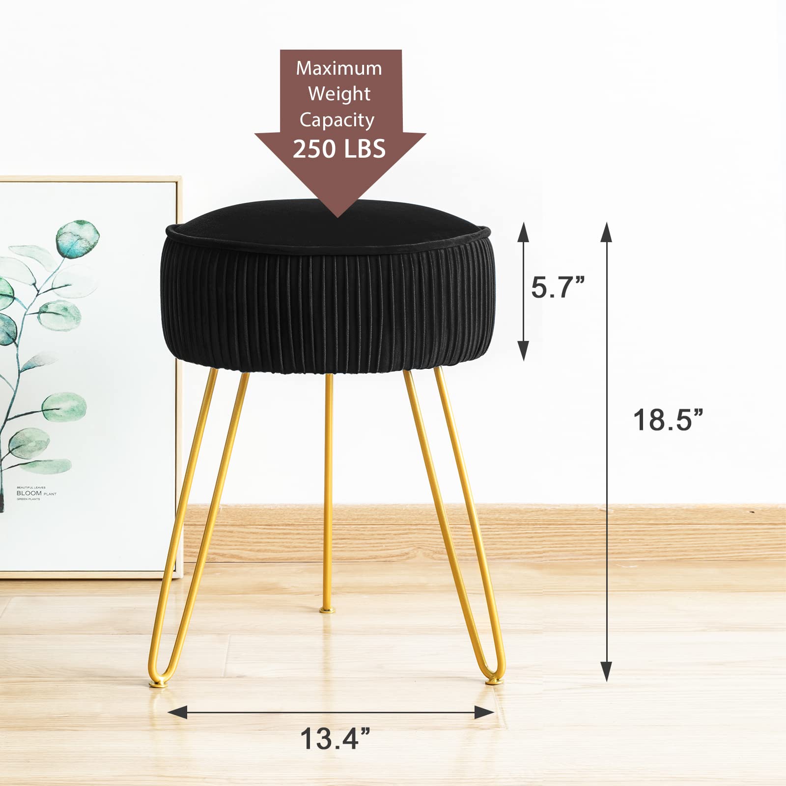 LUE BONA Pleated Vanity Stool, Velvet Upholstered Vanity Stool for Makeup Room, Round Mondern Stool for Vanity, Ottoman Footrest Stool with Metal Legs for Living Room, Bedroom, Black