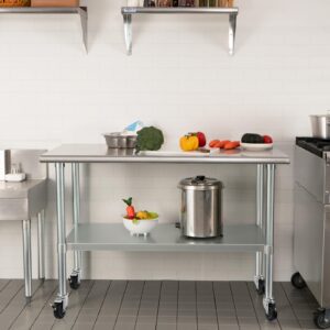 HARDURA Stainless Steel Table with Wheels 24 x 60 Inches Casters NSF Heavy Duty Commercial Work & Prep Table with Undershelf and Galvanized Legs for Restaurant Kitchen Bar and Hotel Garage