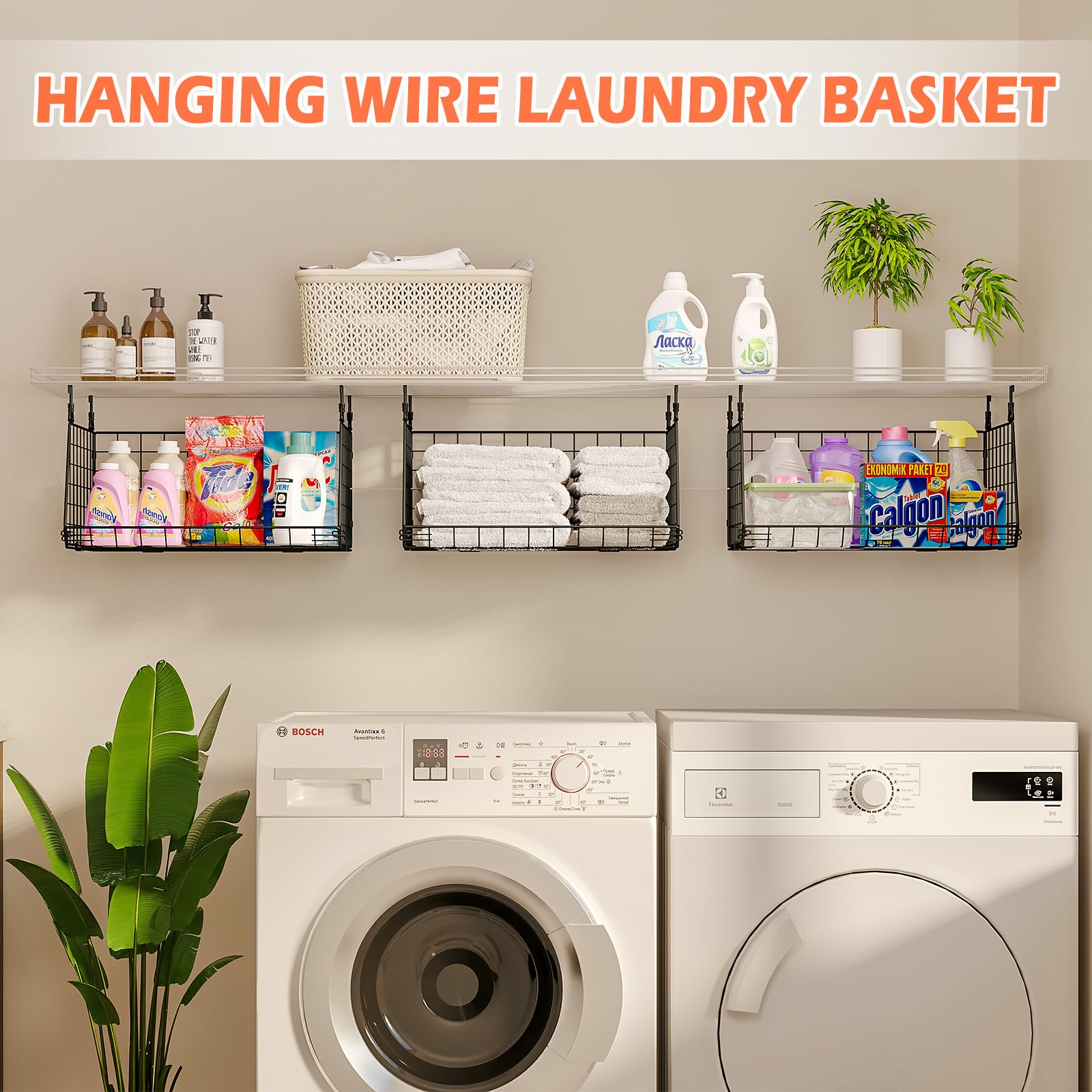 3-Pack Hanging Laundry Room Organizaton：Foldable Laundry Room Organizer Wire Shelf Basket with 360°Rotating Hooks Space Saving Over Washer and Dryer Shelves - Laundry Organization and Storage, Black