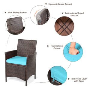 Toolsempire 3 Pieces Patio Furniture Set, Wicker Outdoor Furniture with Water-Resistant Cushion & Tempered Glass Top Table, Conversation Set Bistro Set for Porch, Balcony, Backyard (Turquoise)