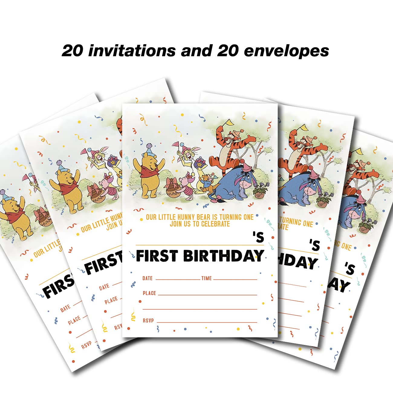 Dolimifa Vintage Winnie the Pooh 1st Birthday Invitations Fill in Style Classic Winnie the Pooh Bear First Birthday Invites, 20 count With Envelopes