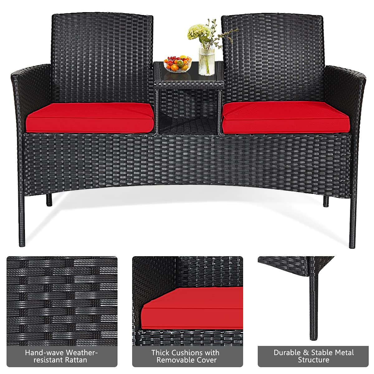 Toolsempire Outdoor Love Seat Wicker Patio Conversation Set, Rattan Outdoor Furniture Set with Cushion & Built-in Coffee Table, Patio Couch Outdoor Bench for Garden, Lawn, Backyard(Red)