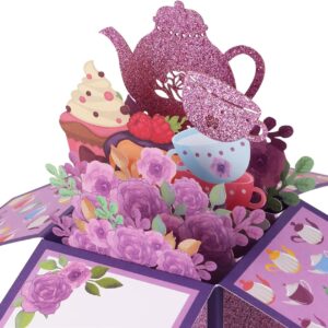 Giiffu Mothers Day Card, Tea Theme, Tea Time 3D Pop Up Card, 3D Flower Pop Up Greeting Card with Note Card and Envelopes, for Mothers Day, Birthday, Tea Party (Purple)