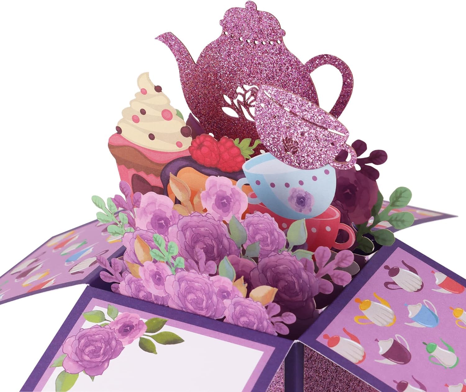 Giiffu Mothers Day Card, Tea Theme, Tea Time 3D Pop Up Card, 3D Flower Pop Up Greeting Card with Note Card and Envelopes, for Mothers Day, Birthday, Tea Party (Purple)