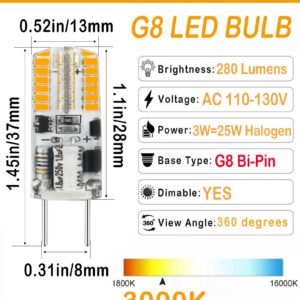 Lamsky G8 LED Bulb Dimmable 3W,G8 Halogen Bulb 20W-25W Equivalent,3000K Warm White AC 120V T4 JCD Type G8 Bi-Pin Base Light Bulb for Under Cabinet,Under Counter Light(10 Pack)