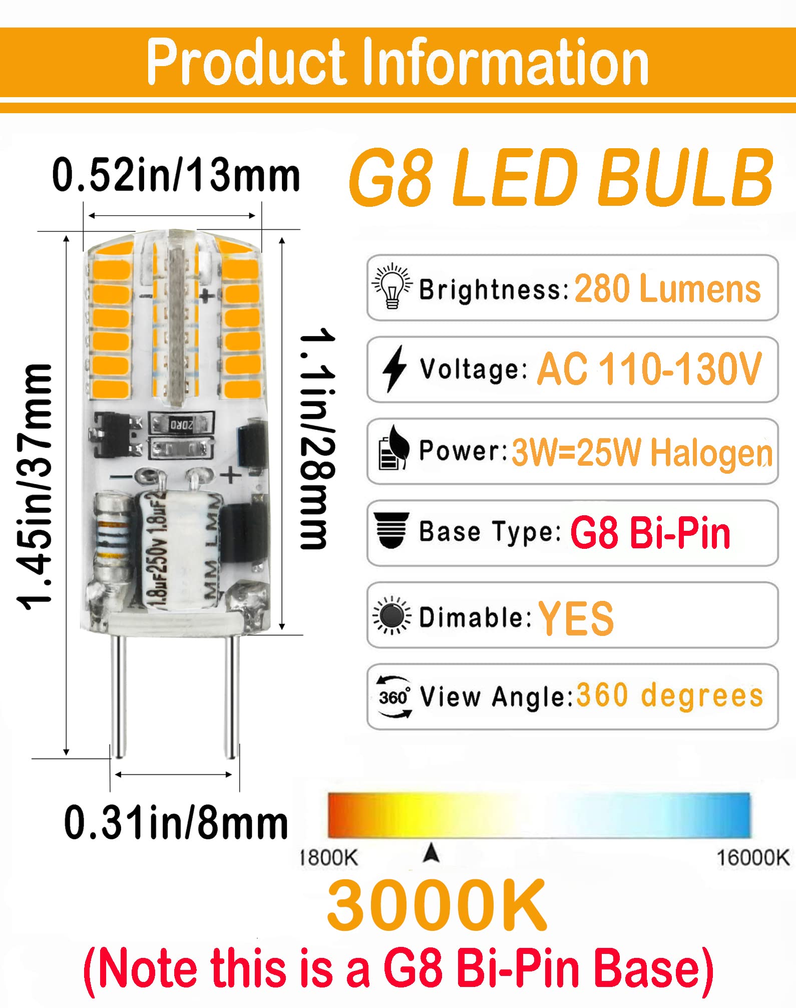 Lamsky G8 LED Bulb Dimmable 3W,G8 Halogen Bulb 20W-25W Equivalent,3000K Warm White AC 120V T4 JCD Type G8 Bi-Pin Base Light Bulb for Under Cabinet,Under Counter Light(10 Pack)