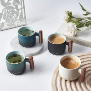 BlogBlog Ceramic Espresso Cups with Wooden Handle Espresso Shot Cups Ceramic Tea Cups Porcelain Demitessa Cups for Coffee or Tea, 3oz (black, 2)