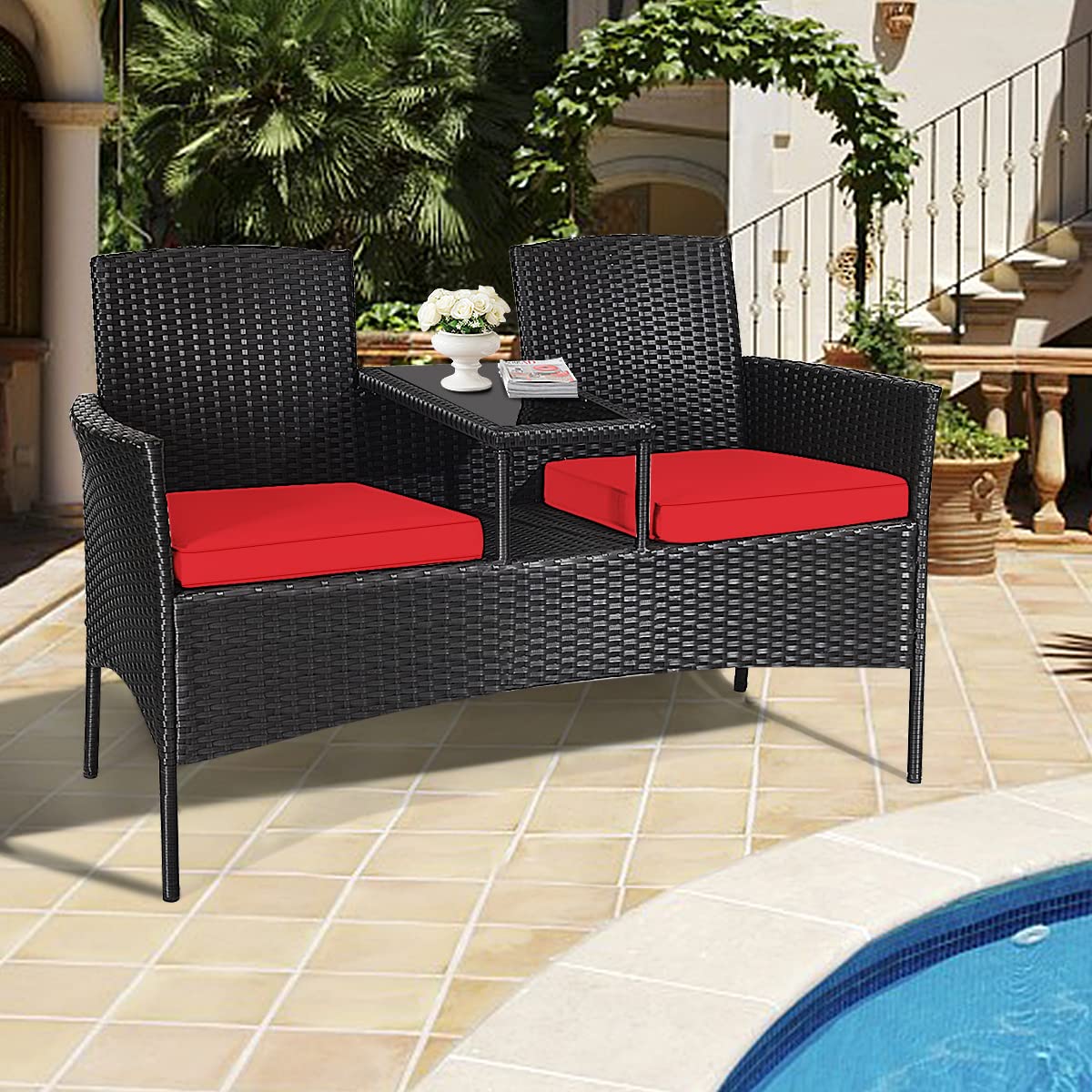 Toolsempire Outdoor Love Seat Wicker Patio Conversation Set, Rattan Outdoor Furniture Set with Cushion & Built-in Coffee Table, Patio Couch Outdoor Bench for Garden, Lawn, Backyard(Red)