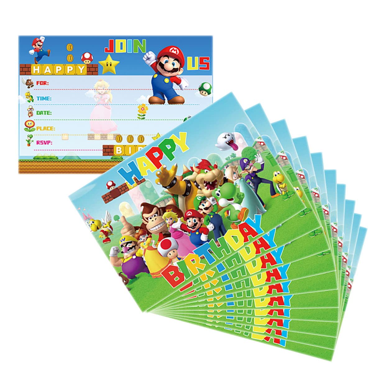 NF 24PCS Mario Birthday Party Invitations card, Video game party supplies，Super Bro Party Supplies for Kids