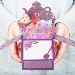 Giiffu Mothers Day Card, Tea Theme, Tea Time 3D Pop Up Card, 3D Flower Pop Up Greeting Card with Note Card and Envelopes, for Mothers Day, Birthday, Tea Party (Purple)