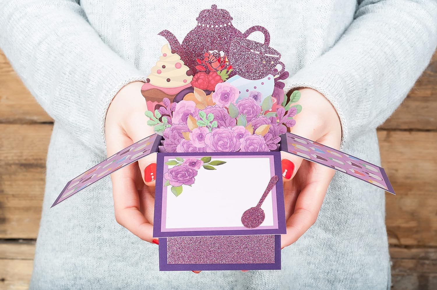 Giiffu Mothers Day Card, Tea Theme, Tea Time 3D Pop Up Card, 3D Flower Pop Up Greeting Card with Note Card and Envelopes, for Mothers Day, Birthday, Tea Party (Purple)