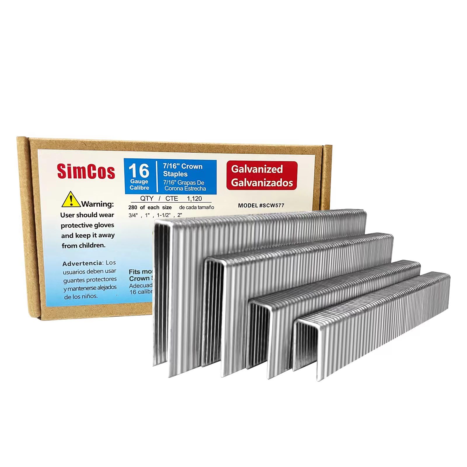 SimCos 16 Gauge 7/16" Crown Staples (2",1-1/2" 1", 3/4") for Wood, Galvanized Steel Assorted 1120 Counts for 16 GA Pneumatic or Electric Stapler or 16 Gauge Staple Gun,Project Pack