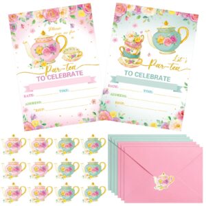 24 pcs tea party invitation cards with envelopes and stickers, little girl garden tea cup time bridal or baby shower invite, high tea themed ladies event ideas, printed or fill in the blank card