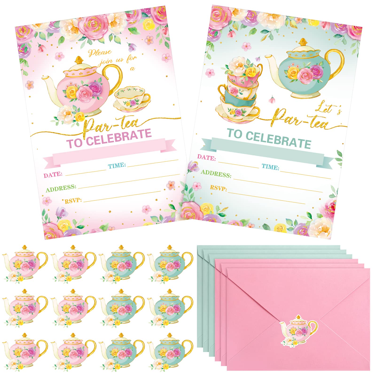 24 Pcs Tea Party Invitation Cards With Envelopes And Stickers, Little Girl Garden Tea Cup Time Bridal or Baby Shower Invite, High Tea Themed Ladies Event Ideas, Printed or Fill in The Blank Card