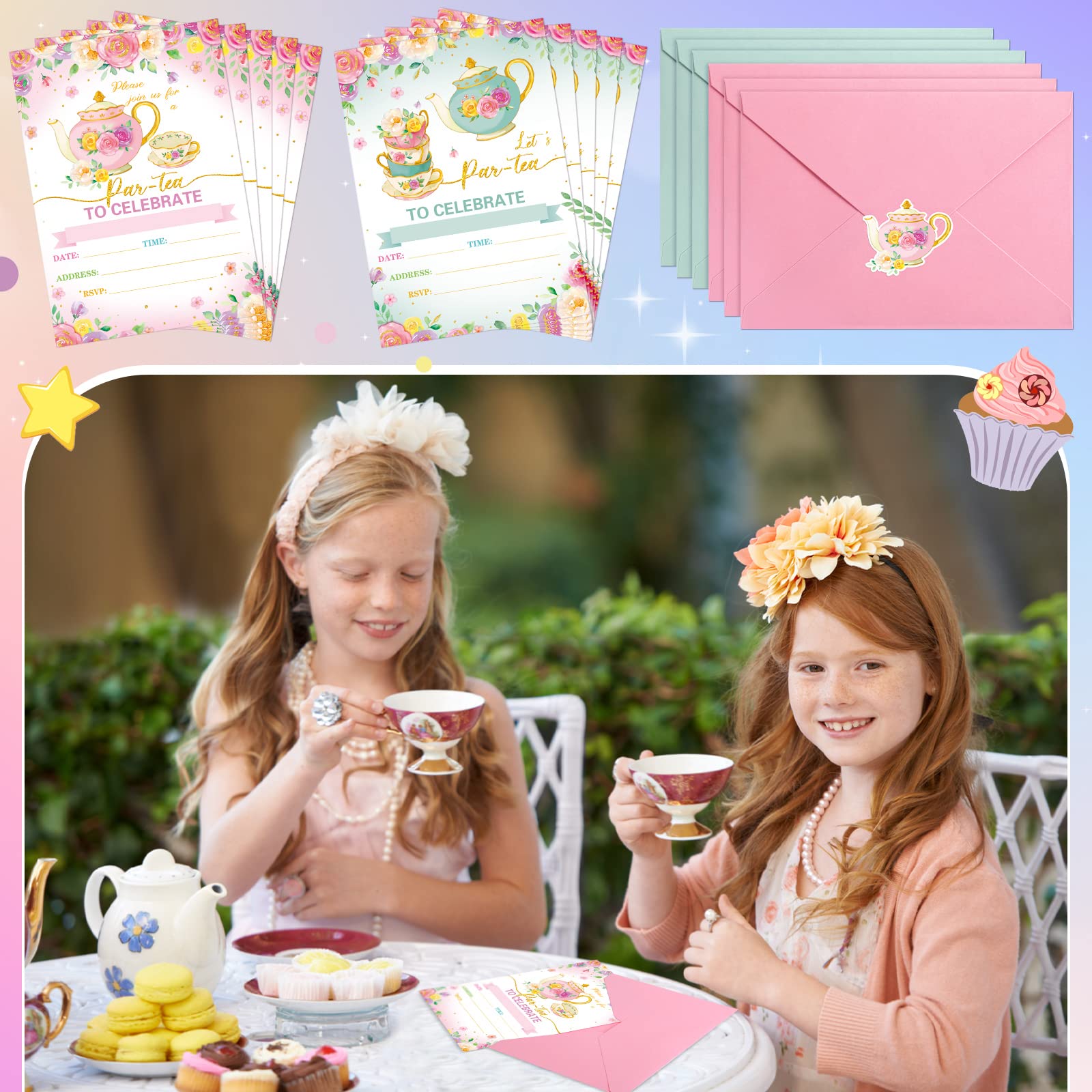 24 Pcs Tea Party Invitation Cards With Envelopes And Stickers, Little Girl Garden Tea Cup Time Bridal or Baby Shower Invite, High Tea Themed Ladies Event Ideas, Printed or Fill in The Blank Card