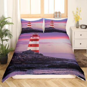 Erosebridal Lighthouse Bed Set Coastal Beach Duvet Cover, Nautical Theme Bedding Set Full Pink Clouds Comforter Cover, Sea Ocean Bed Cover Super Cozy Lightweight with 2 Pillow Sham (Zipper Closure)