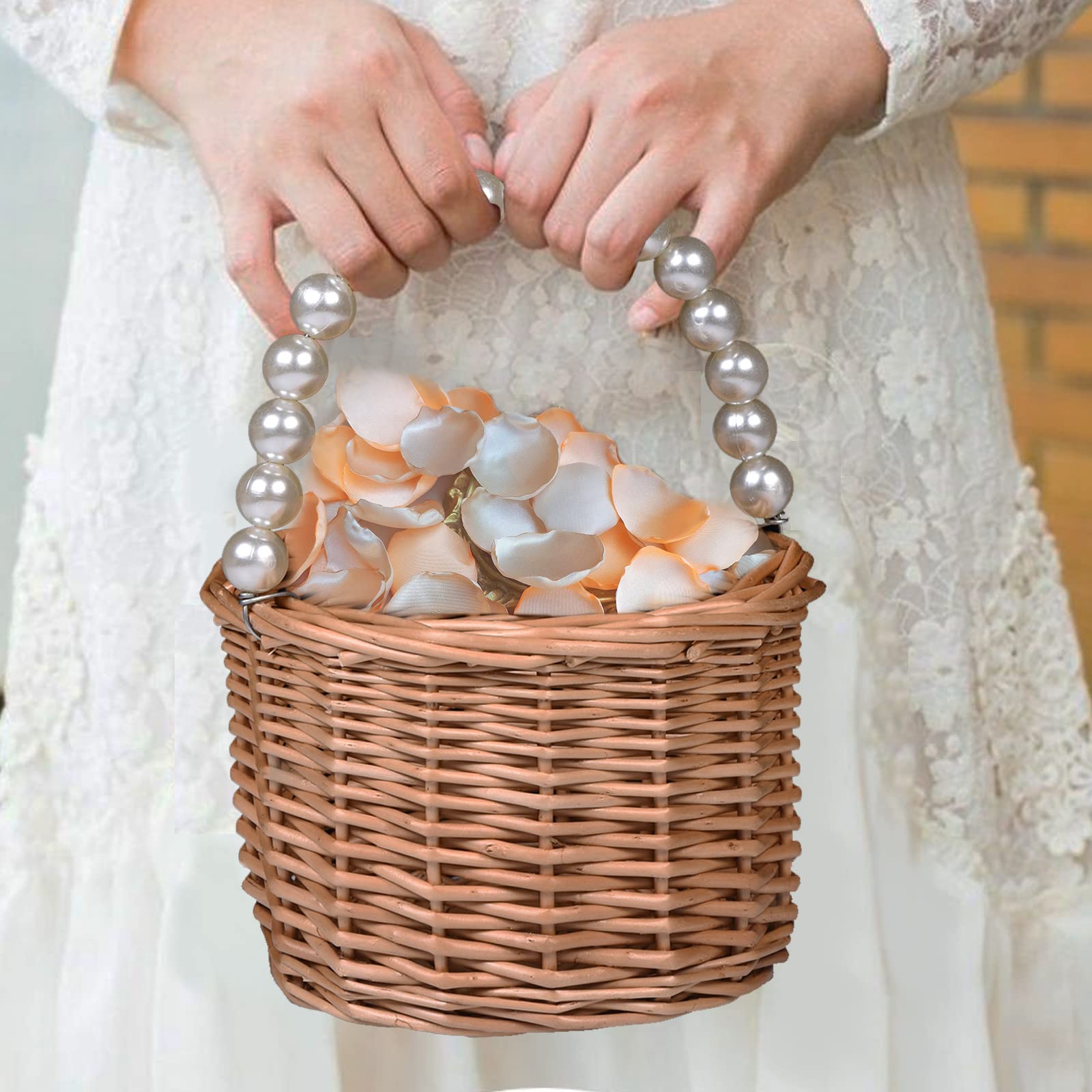 BETAULIFE Wicker Rattan Flower Girl Basket,Pearl Handle Flower Girl Basket,Wedding Flower Girl Basket and Home Decorations.