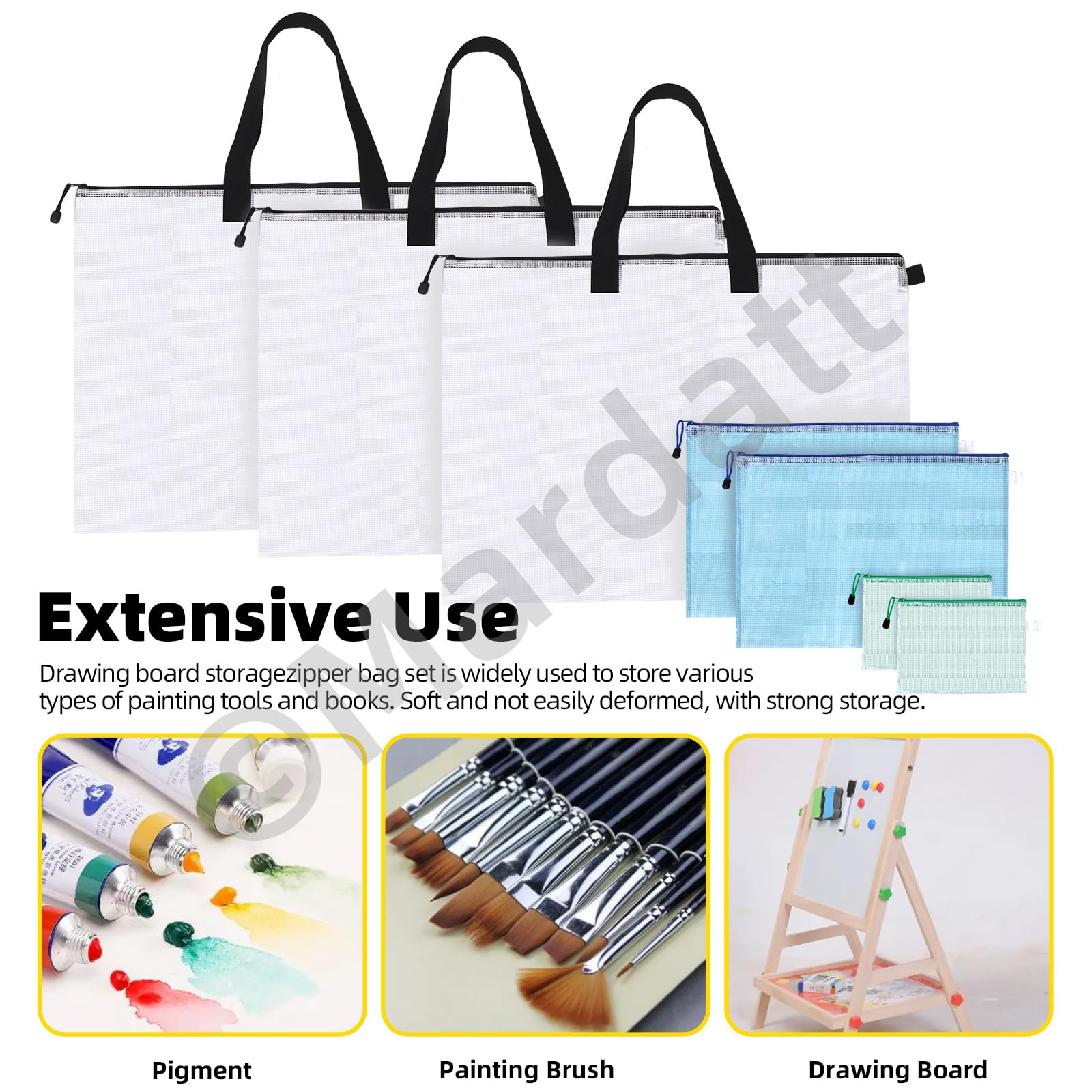 Mardatt 7Pcs 19” x 25” Art Portfolio Storage Bag with Handle and Zipper, 3 Sizes Waterproof Poster Storage Bag Mesh Folder Organizers Transparent Pencil Bag for Bulletin Board Painting