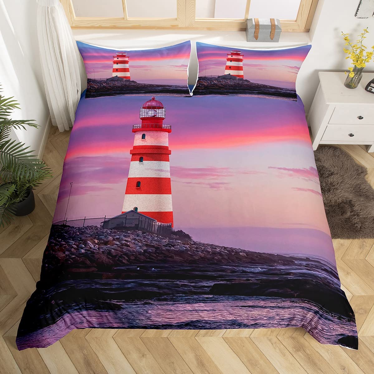 Erosebridal Lighthouse Bed Set Coastal Beach Duvet Cover, Nautical Theme Bedding Set Full Pink Clouds Comforter Cover, Sea Ocean Bed Cover Super Cozy Lightweight with 2 Pillow Sham (Zipper Closure)